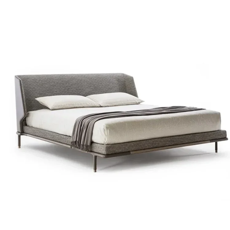 Nordic Modern King-Size-Schlafzimmer-Sets, gepolstertes Plattformbett, grauer Stoff