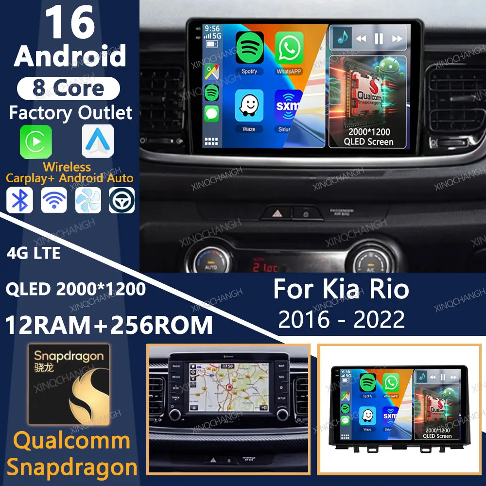 Radio para Auto con Android 16 para Kia Rio 2016 2017 2018 2019 2020 2021 2022, Unidad Principal Multimedia, Reproductor de Video Estéreo, QLED, 4G LTE, 5G WIFI