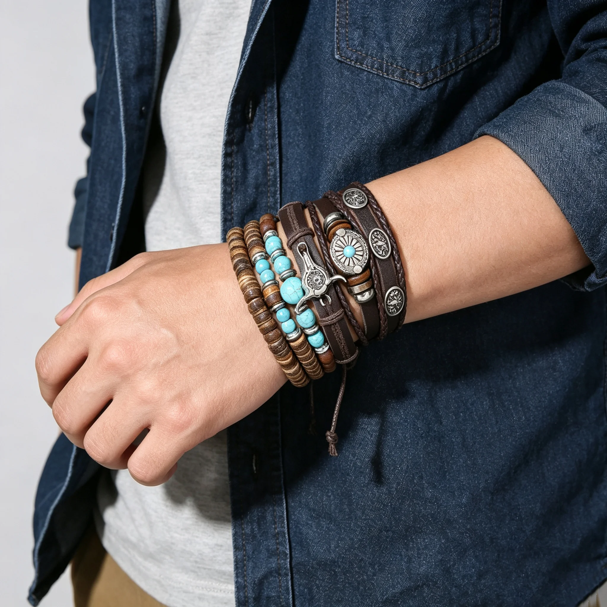 Women Men Western Cowboy Ox-Head Bangle Jewelry Accessories Bohemia Vintage Leather Handmade Wood Bead Turquoise Bracelet
