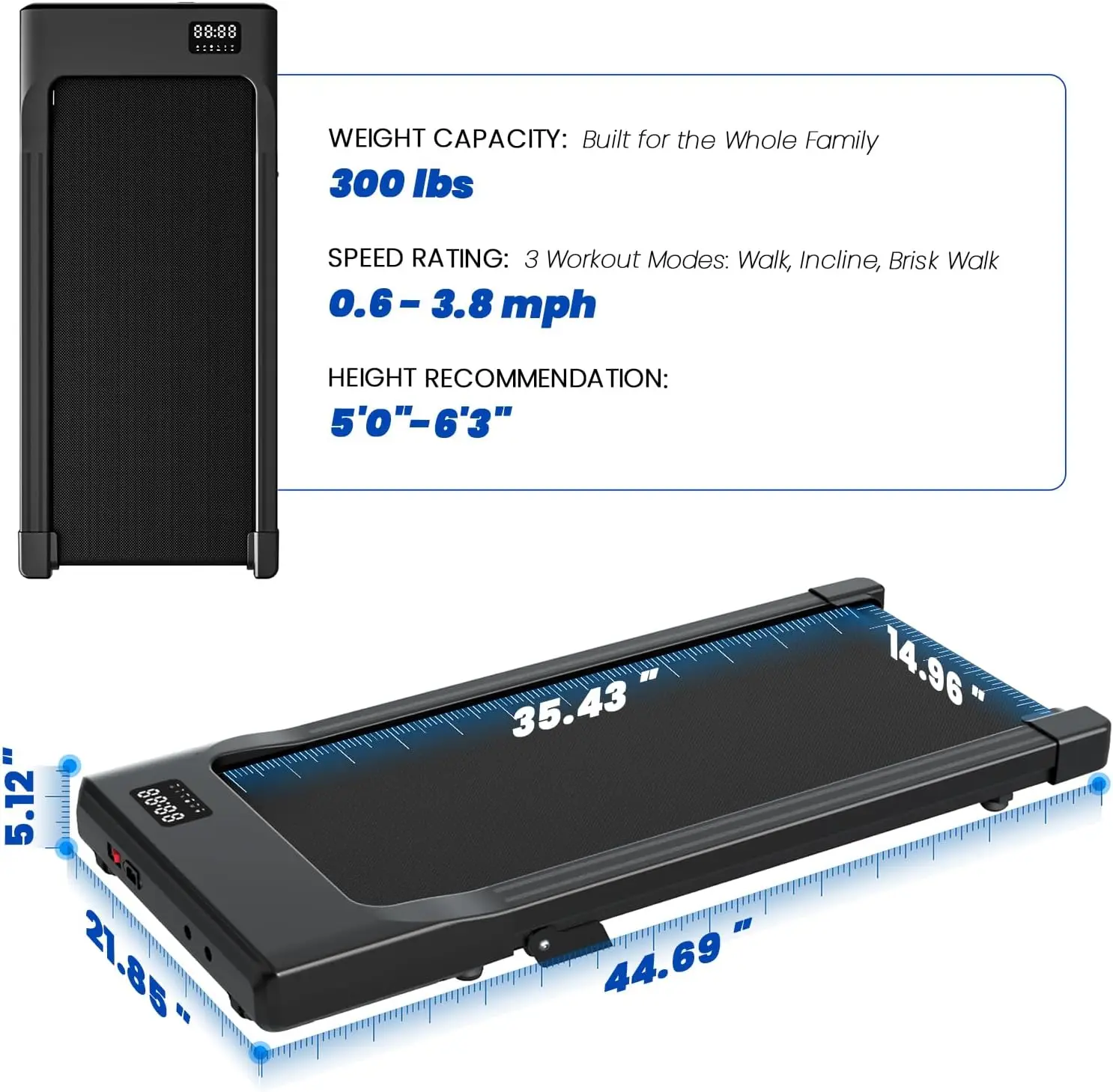 Compact Under Desk Treadmill Walking Pad for Home & Office, Featuring 6% Manual Incline, 2.5 HP Motor, Speed 0.6–3.8 MPH, 300 lb Weight Capacity, with App and Remote Control