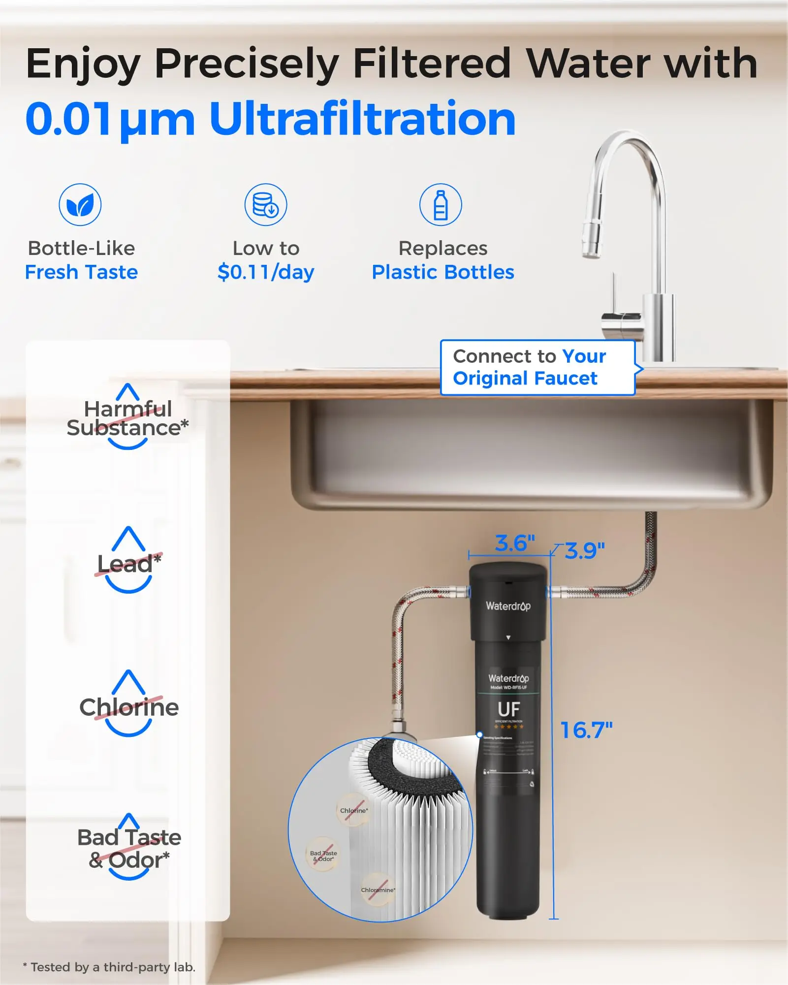 Waterdrop 15UA-UF 0.01 Μm Ultra Filtration Under Sink Water Filter System, Reduces Lead, Chlorine, Bad Taste & Odor, Connects Directly to Your Faucet, 2 Years