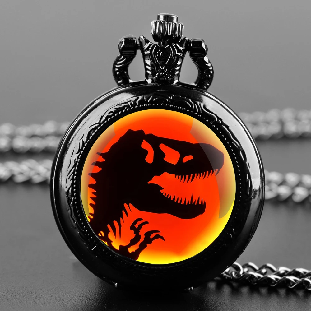 Exquisite Gift Jurassic Park Dinosaur Glass Dome Quartz Pocket Watch Necklace Men Women Unique Jewelry Pendant Birthday Gifts