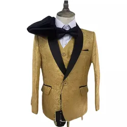 Children Golden Jacket Vest Pants Bowtie 4 P Groom Suit Boys Formal Wedding Photograph Dress Children Evening Dinner Blazer Wear