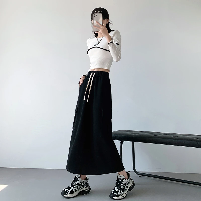 Ins Three-dimensional Pocket Cargo Skirts for Women A-line Solid Casual American Vintage All-match Trendy Spring Autumn Chic