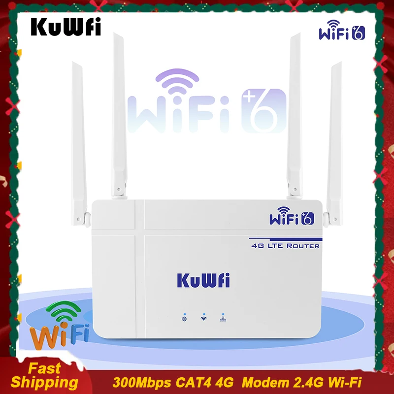 KuWFi 300Mbps CAT4 CPE Router Wireless WiFi6 Router 4G LTE Router with Ethernet Port SIM Card Slot Antenna Support 10 Users