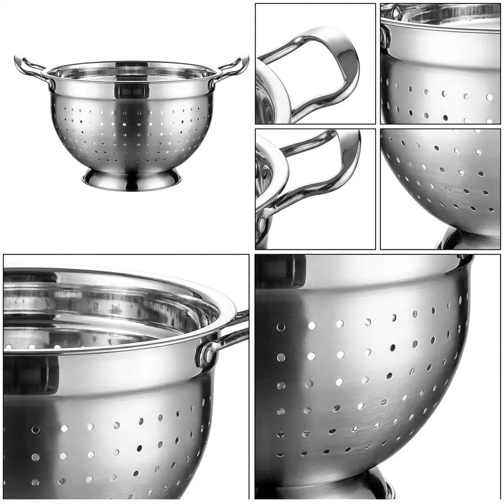 Deep Stainless Steel Colander Bowl for Vegetables Fruits Pasta Washing with Dense Perforations and Lifted Base