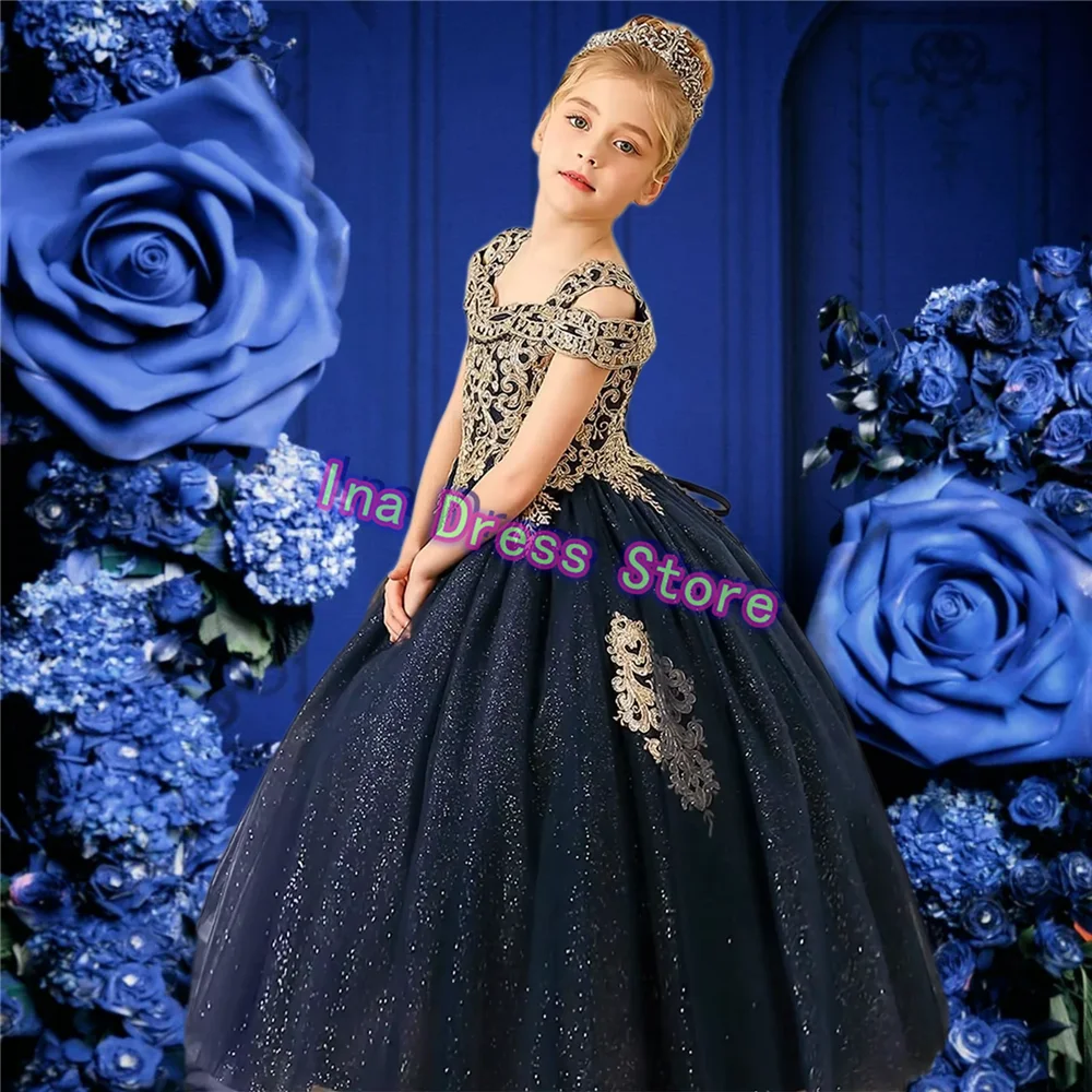 

Luxury Quality Navy Blue Flower Girls Dress Gold Printing Little Girls Tulle Fluffy Prom Ball Kids Birthday Party Evening Gowns