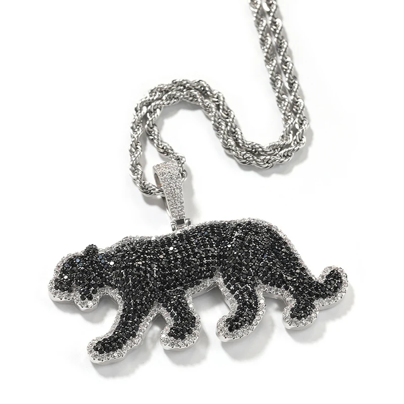 Hip Hop Black CZ Stone Paved Bling Iced Out Cheetah Leopard Pendants Necklaces for Men Rapper Jewelry Gift Drop Shipping