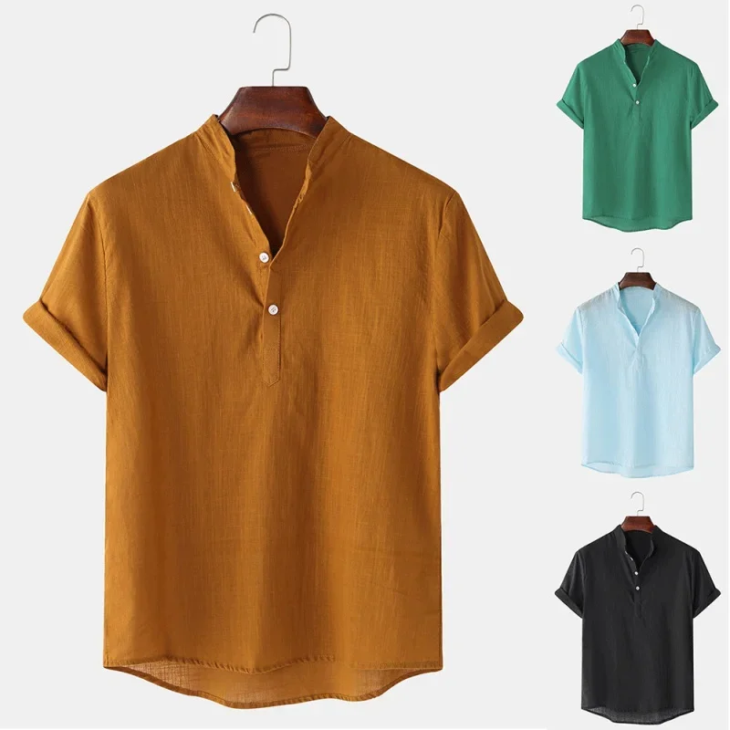 

Men's Cotton and Linen Short-Sleeved Shirt Stand Collar Casual Shirt Summer Solid Color Shirt