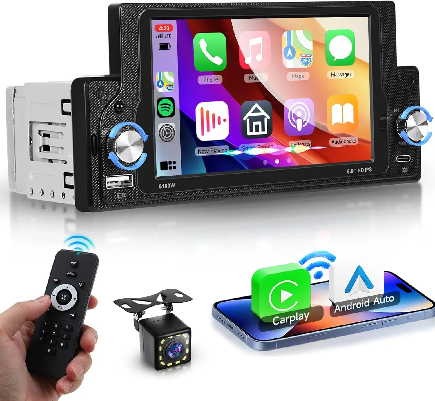 

5.9' Car Stereo with Wireless CarPlay, Android Auto, Bluetooth 5.0, Type-C, Backup Camera