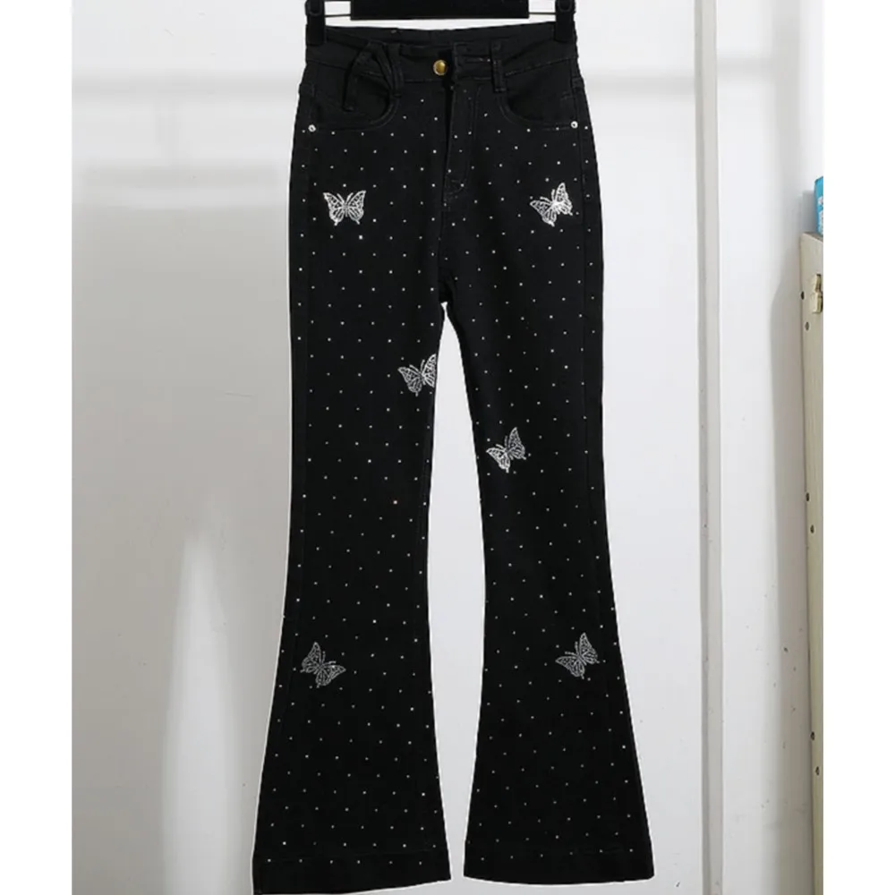 

2024 autumn new high waisted slim butterfly diamond elastic denim flare pants women