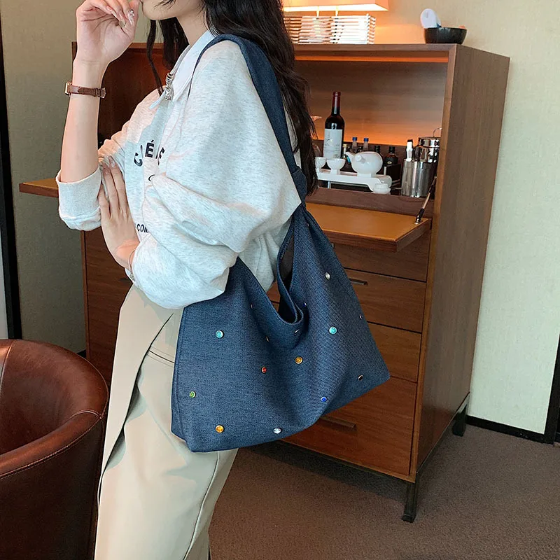 2023 Women Large Capacity Crossbody Jean Demin Shoulder Bag Shining Diamond Casual Female Handbag Small Card Tote Shipping Bag