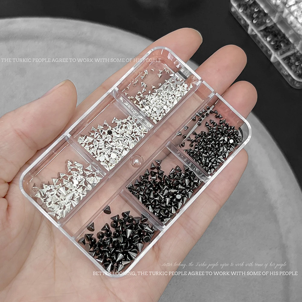 6Grids 3D Mini Punk Metal Nail Studs 1/2/3mm Mix Size Silver Black Nail Art Charms Alloy Rivets Stick Cone DIY Crafts Decoration