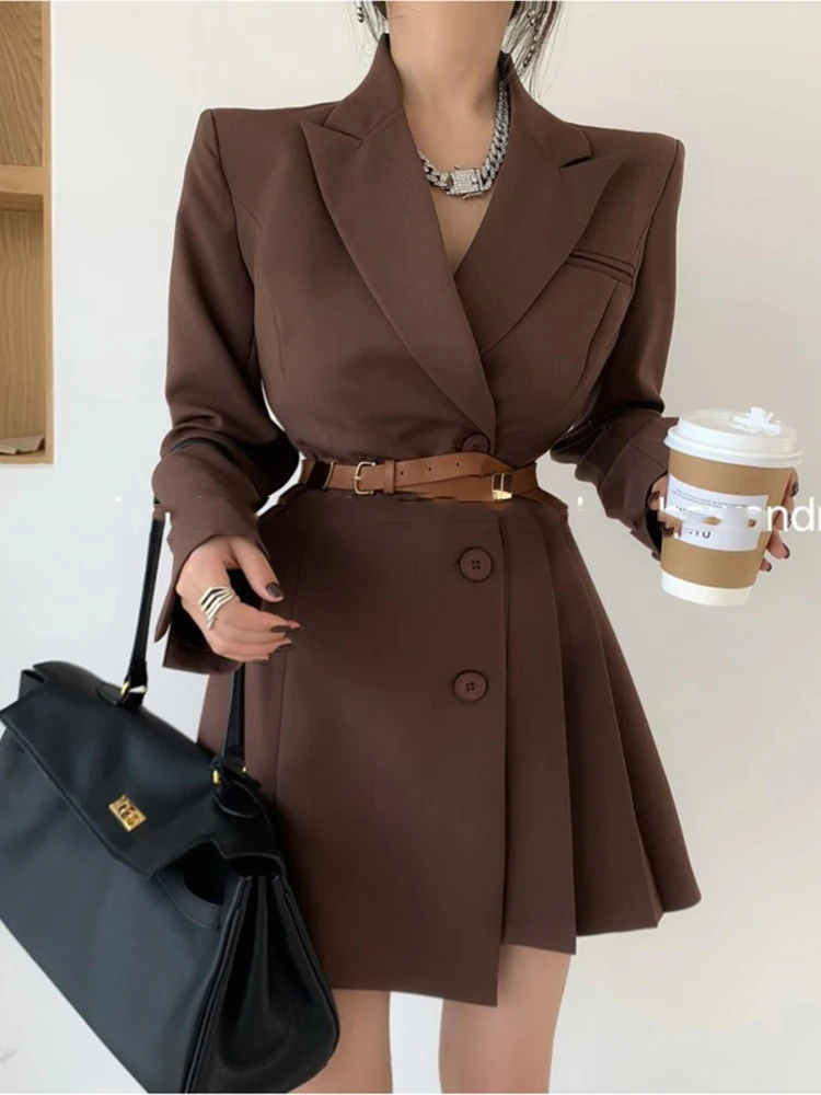 

BZVW Temperament Fashion Designer Pleated Blazers Dresses Women 2024 Spring Autumn Waist Retraction Blazer Dress Female 25X3119