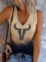 Women's Casual Tank Top Women Novelty Sleeveless Shirts Cute Steer Skull Vests Funny Western Graphic Tee Summer