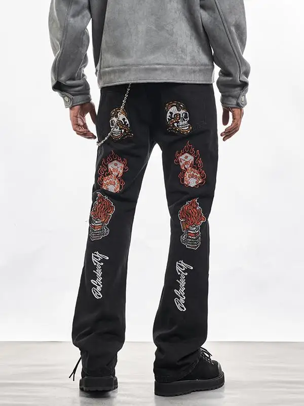 

MT99 High Street Embroidered Skull Flames Men's Jeans Retro Streetwear Loose Flared Long Trousers American Sle Casual Jeans