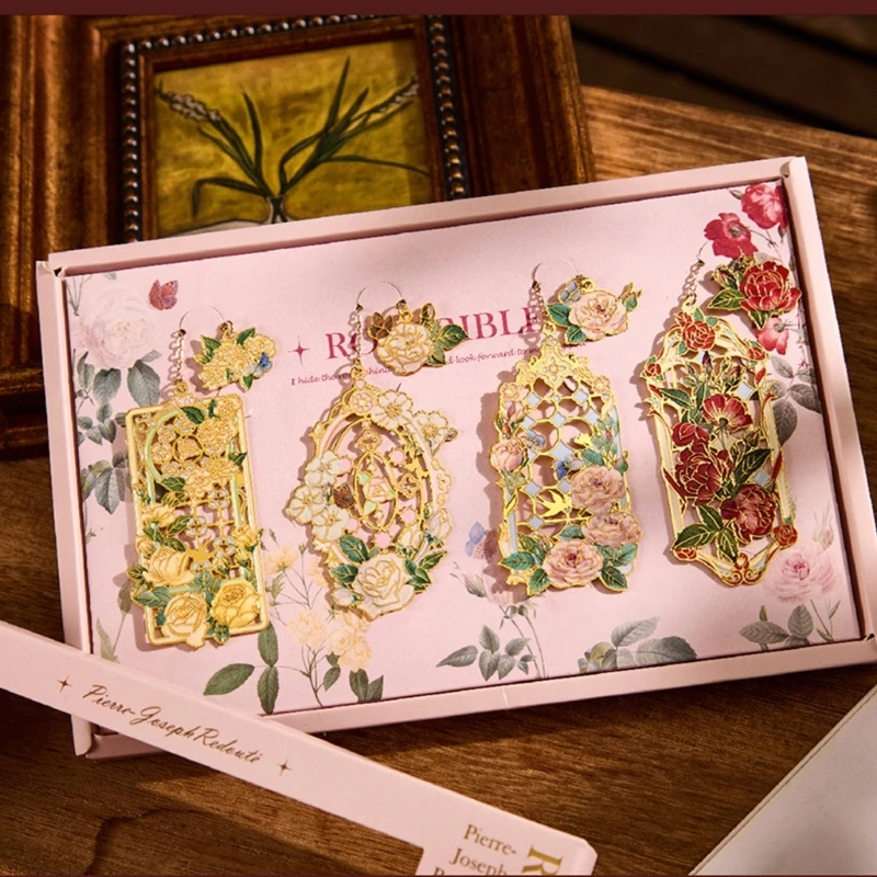 4Pcs Flower Pendant Bookmarks with Chain, for Book Lover Reader Teacher