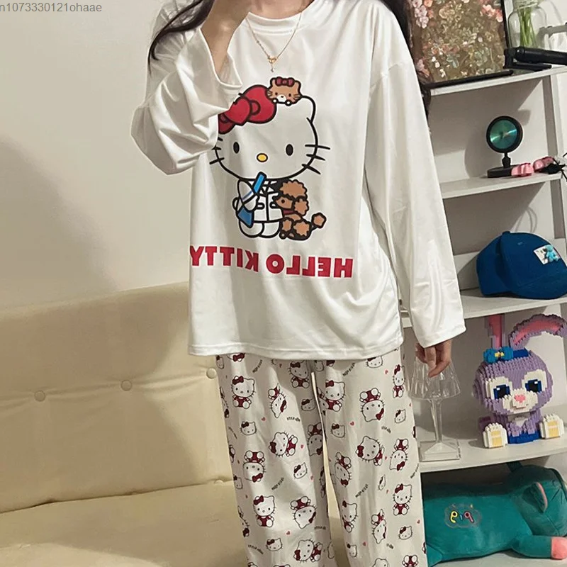 Cute Hello Kitty Home Clothes Women Sanrio Cartoon Pattern Girls Pajama Sets Spring New Long Sleeve Tops Pants Y2k Kt Two Piece