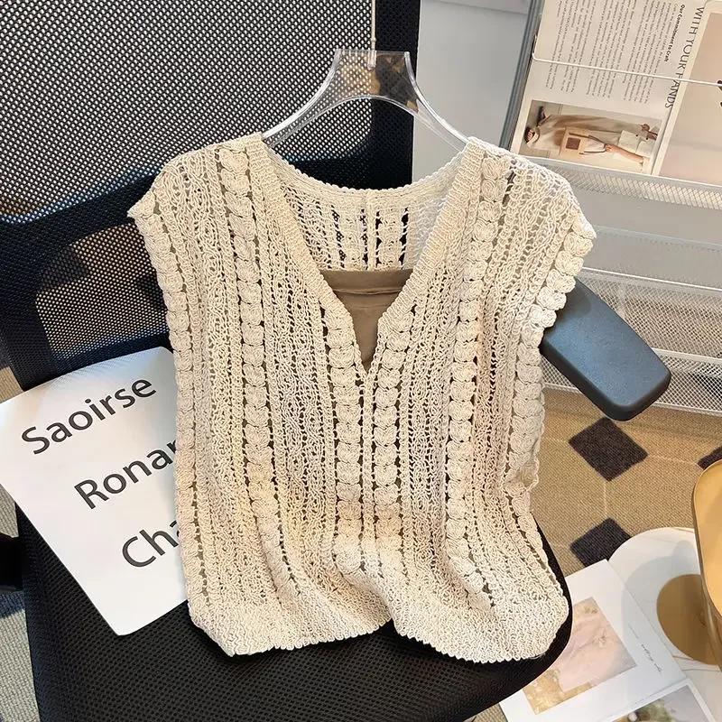 

Свитер-жилеты женские летние с вырезами милые корейские простые вязаные праздничные чистые эстетические с v-образным вырезом милая уличная одежда без рукавов