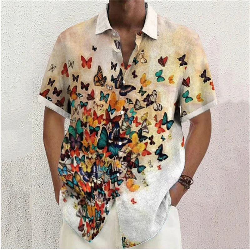 Camisa con estampado Floral de mariposa para hombre, camisa con botones de solapa, ropa de calle al aire libre, manga corta, diseñador de moda,