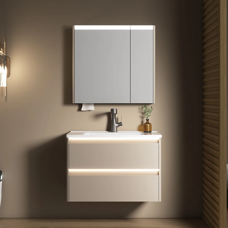 Modern LED Sensor Mirror Cabinet Double Storage Drawer Stainless Steel Bathroom Vanity with Tissue Box Hotel