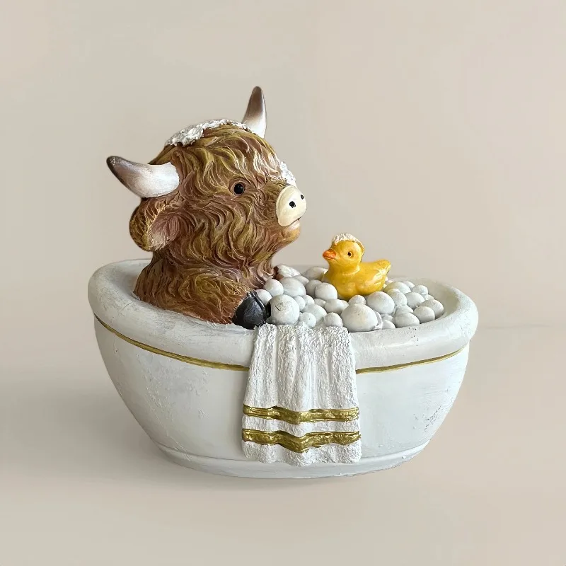Cute Highland Cow Resin Statue Creative Scottish Longhair Figurine Living Room Bedroom Bathroom Office Decor Holiday Home Gift