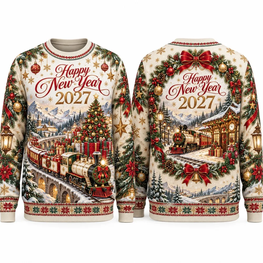 Funny Ride into Happy New Year 2027 with Christmas Train Sweaters An Ugly Christmas Sweater Scene of Stations and Bright Gifts