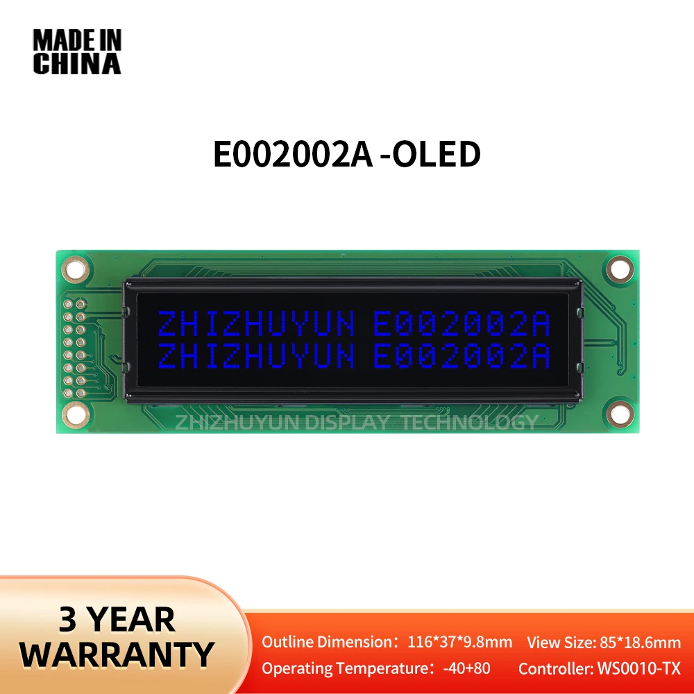 Black Background With Blue Letters OLED2002 LCD 2002 Character LCD Display Screen WS0010 Display Working Temperature -40+80