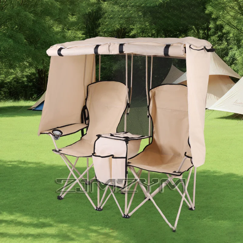 

Outdoor Camping Leisure Double Folding Chairs Fishing Beach Chairs with Integrated Sunshade Rain Shelter Director's Chair