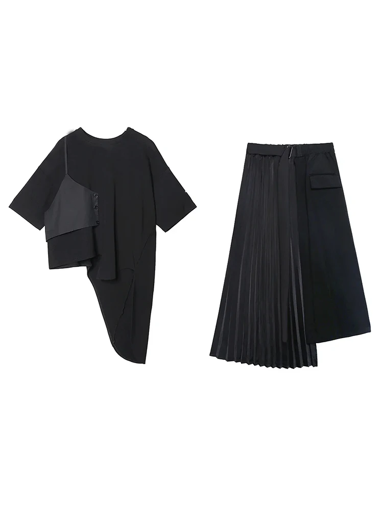 XITAO Black Two Piece Set Women Hlaf Sleeve Pullovet Top Elastic Wasit Pleated Mid Calf Skirt 2023 Irregular Style WLD9510