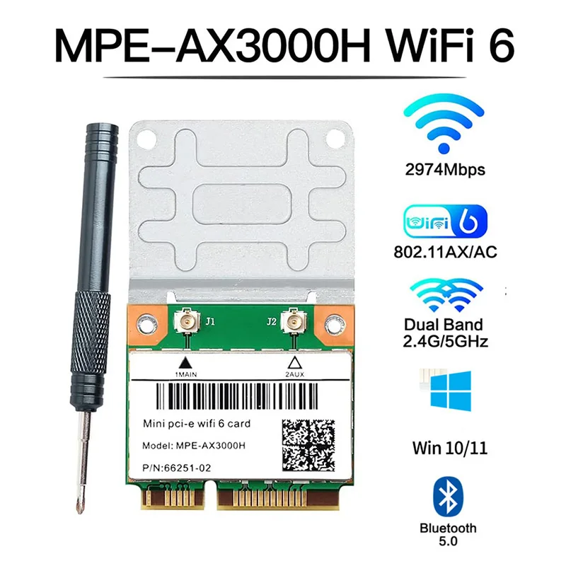 MPE-AX3000H 와이파이 6 듀얼 밴드 하프 미니 PCI-E 와이파이 카드, PCI 익스프레스 네트워크 어댑터, 802.11ax, 2.4GHz, 574Mbps,5GHz, 2400Mbps