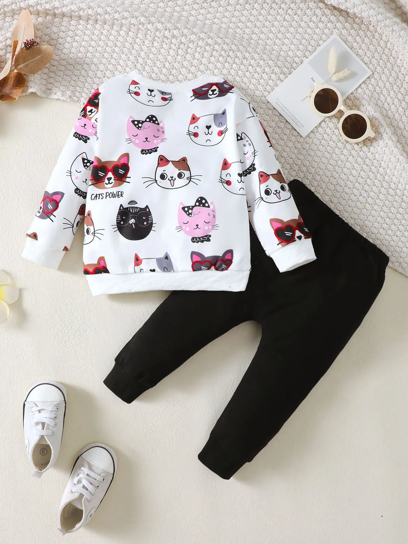 Cute Baby Girl Cartoon Round Neck Long Sleeve Top And Cat Print Black Pants Set Full-Print Spring Autumn Outfit for Toddlers