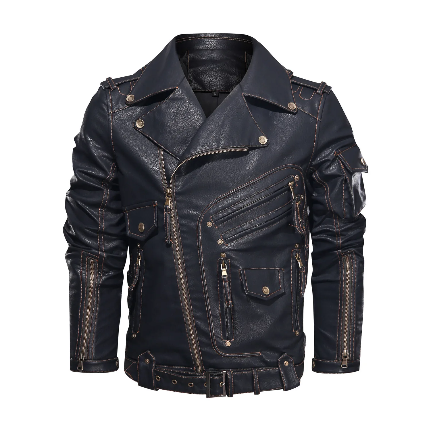 2024 New Men's Leather Coat Motorcycle Hardman Multi Pocket PU Leather Flip Collar Spring and Autumn Wear Leather Jacket for Men