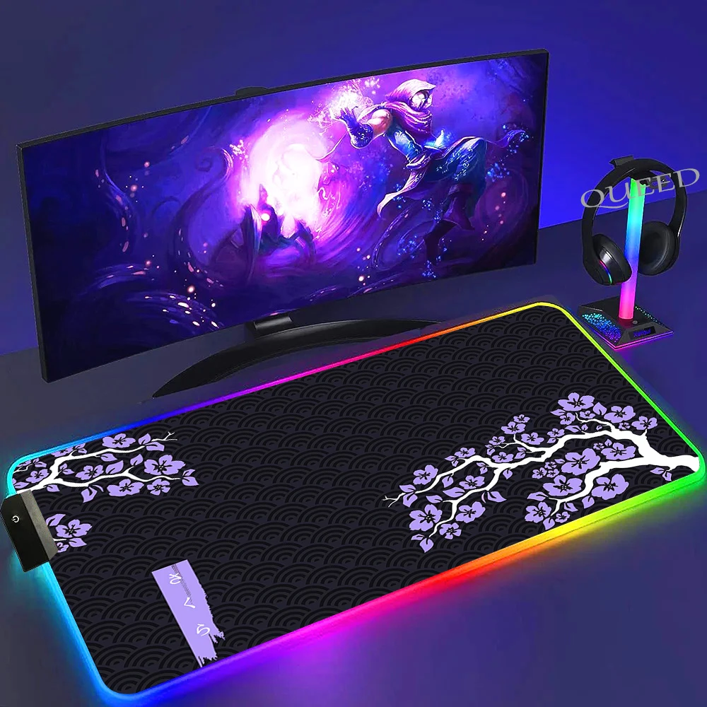 Imagem -05 - Grande Rgb Cherry Mouse Mat Japonês Azul Sakura Gamer Mausepad Led Gaming Mousepad Grande Luminous Desk Mats Xxl Backlit Pads