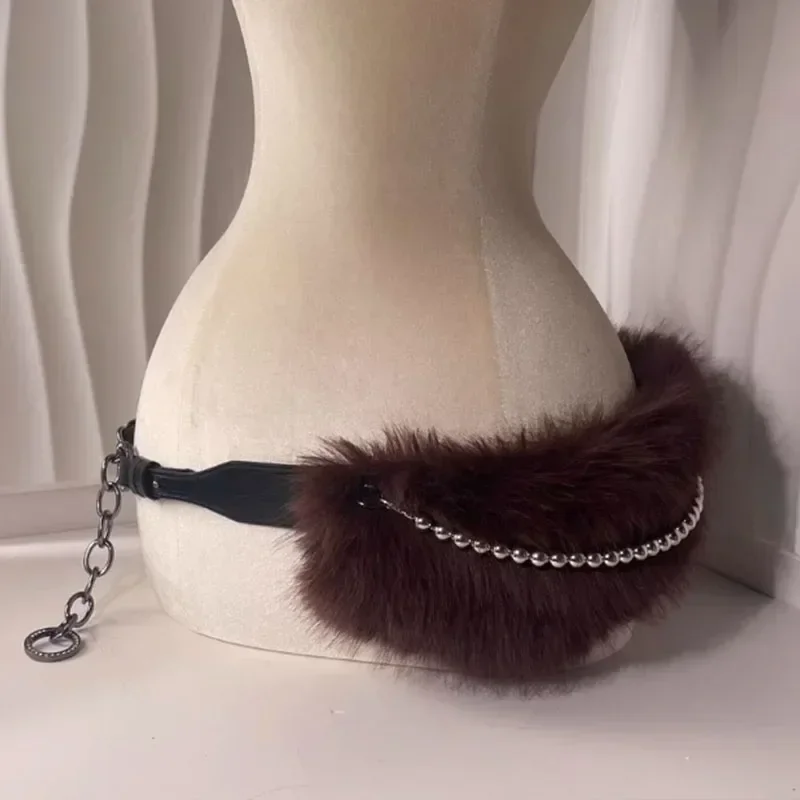 Vintage Faux Fur Belts Y2K Metal Bead Chain Plush Waist Chain Furry Fur Sexy Cowgirl Waistband Punk Belt Jeans for Night Club