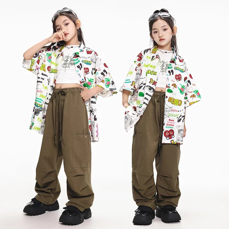 

Kids Hip Hop Short Sleeve Floral Print Shirt Casual Shorts Streetwear for Girl Boy Cargo Pants Jazz Dance Costume Stage Clothes