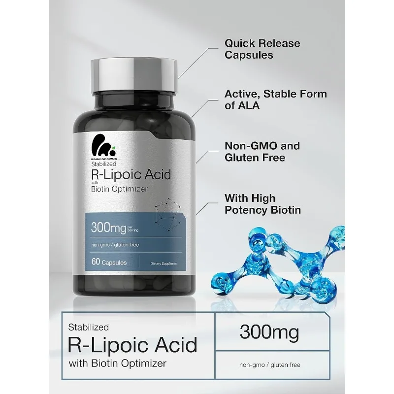Stable R-Lipoic Acid 300mg -60 Capsules ALA Supplement | Contains Biotin Optimizer | Non GMO, Gluten Free