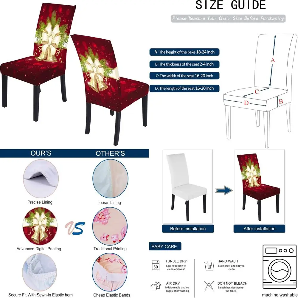 

Christmas Stretch Seat Covers for Dining Chairs, 8-Pack, with Bell Design for Festive Protection