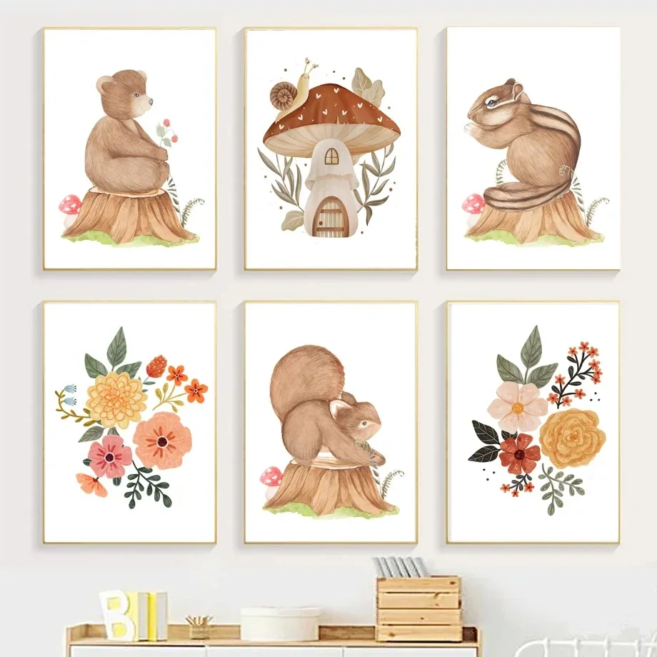 

Bear Rabbit Flower Mushroom Woodland Nursery Boho Wall Art PostersCanvas Painting And Prints Wall Pictures Baby Kids Room Decor