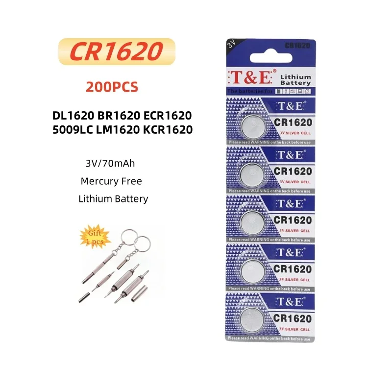 200PCS CR1620 Battery DL1620 BR1620 ECR1620 5009LC LM1620 KCR1620 3V Lithium Battery For Watch Car Key Remote Button Coin Cells