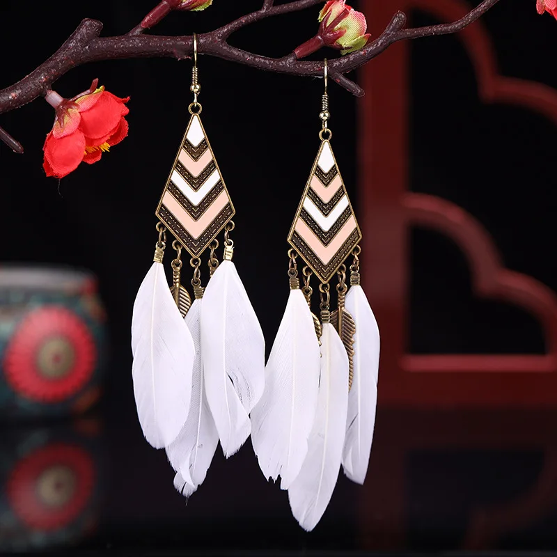 Vintage Simple Feather Leaf Tassel Earrings For Women Bohemian Enamel Geometric Retro Hanging Long Drop Dangle Earrings Brincos