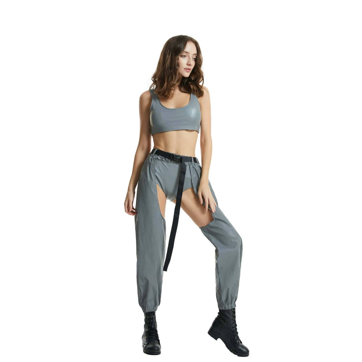 Pantalones reflectantes brillantes oscuros para mujer, pantalones holográficos sexys, ropa para discoteca de baile callejero, pantalones largos con entrepierna abierta, fiesta Rave de Hip Hop