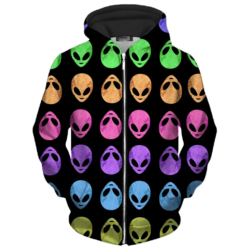 Unique Alien Graffiti Printed Zip Up Hoodie Men Joker Vintage Street Fashion Hooded Coat 3D Pattern 2025 New Casual Hoodies
