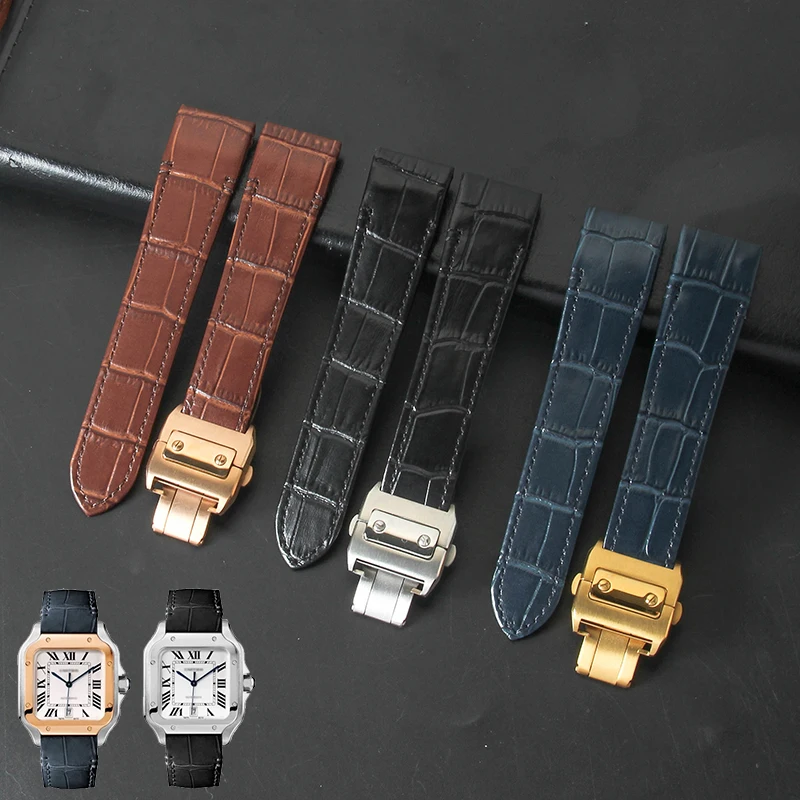For Cartier Santos 21mm Flat Interface High Quality Genuine Leather Watch Accessory Black Brown Blue Watchband with Fold Buckle