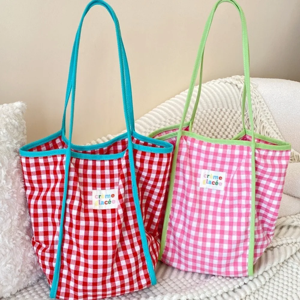 Women Canvas Shoulder Bag Red Plaid Books Daily Shopping Bags Students Bookbags Cotton Cloth Handbags Large Tote For Girls