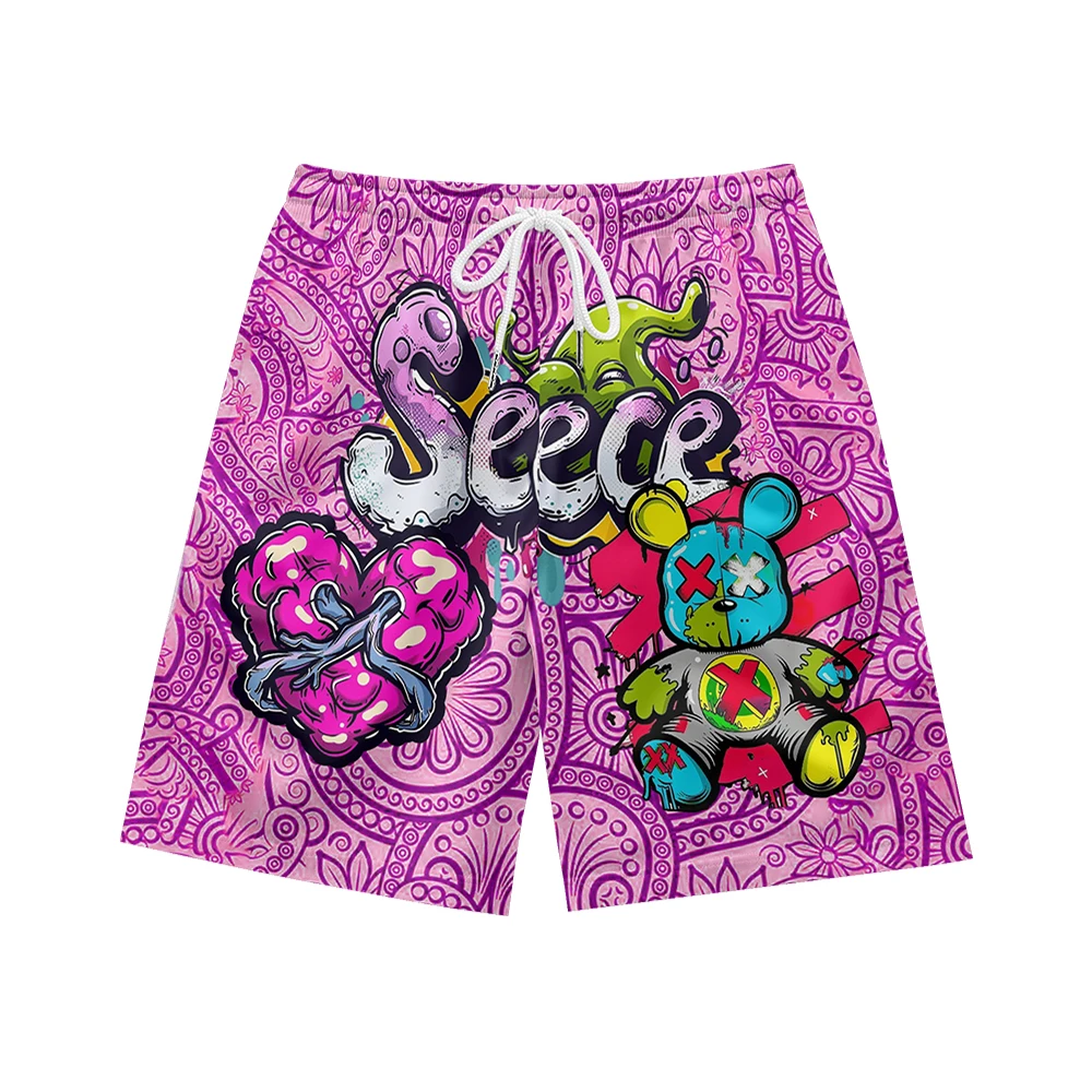 Colorful teddy bear graffiti pattern, suitable for daily wear, casual trend, summer men's drawstring beach sports shorts