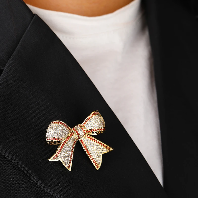 

Dazzling Luxury Full Zircon Bowknot Copper Women Pins Gold Silver Tones Bow Brass Brooches For Dress Festival Gift