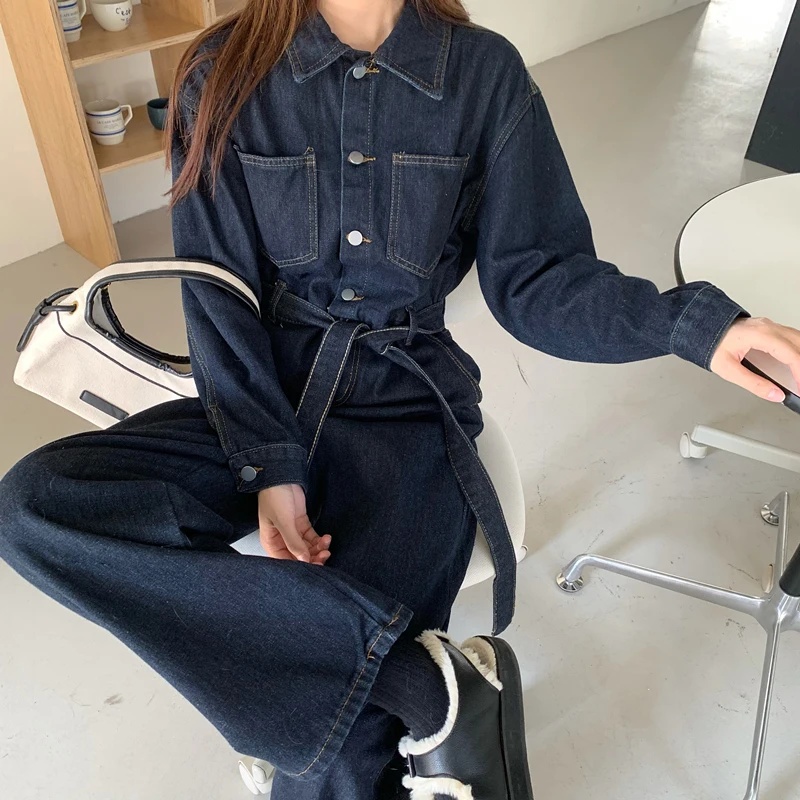 2025 Lente Nieuwe Koreaanse Mode Effen Kleur Losse Tailleband Denim Jumpsuit Vrouwen Lange Mouwen College Stijl Jeans Broek