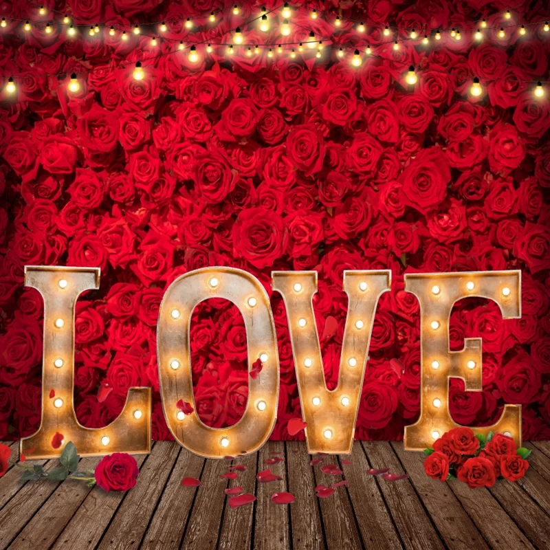 Red Roses Love Valentine's Day Backdrop Red Heart Glitter Valentine Party Decor Romantic Lover Wedding Background Photo Banner