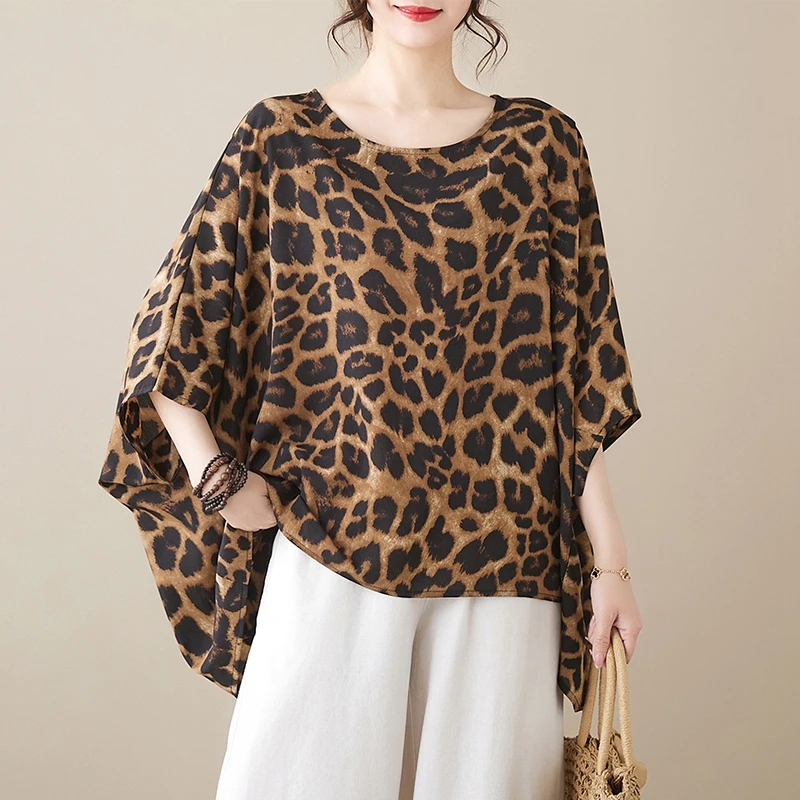 Retro Style Floral Loose Short Sleeve Batwing Sleeve Leopard Print Shirt plus Size Casual Top for Women Summer New Arrival